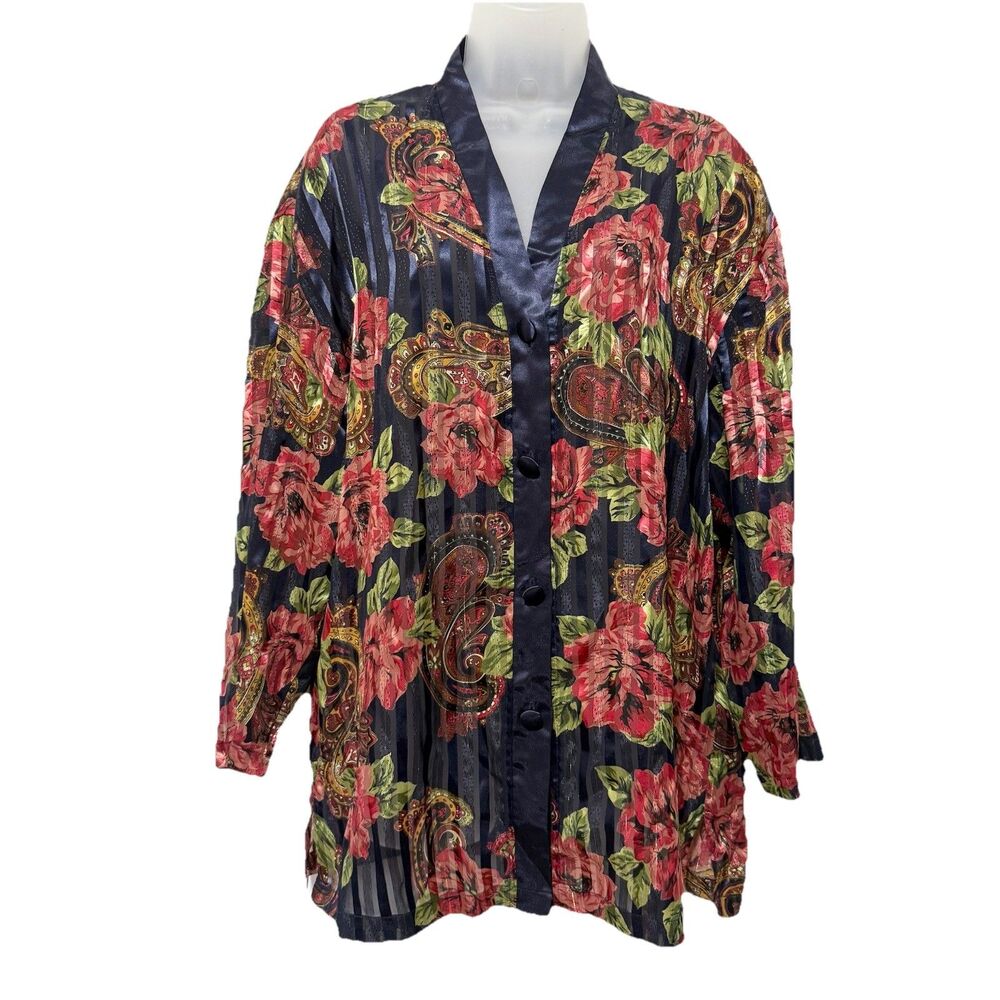 Vintage Victoria’s Secret Floral Paisley Satin Pajama Top M Navy Red Button Up